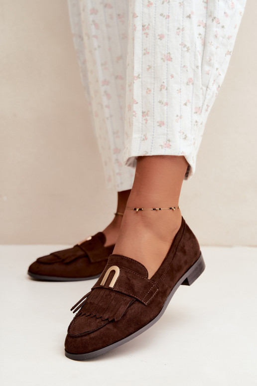 Mocasines de chocolate para mujer con flecos y detalles dorados Brenis