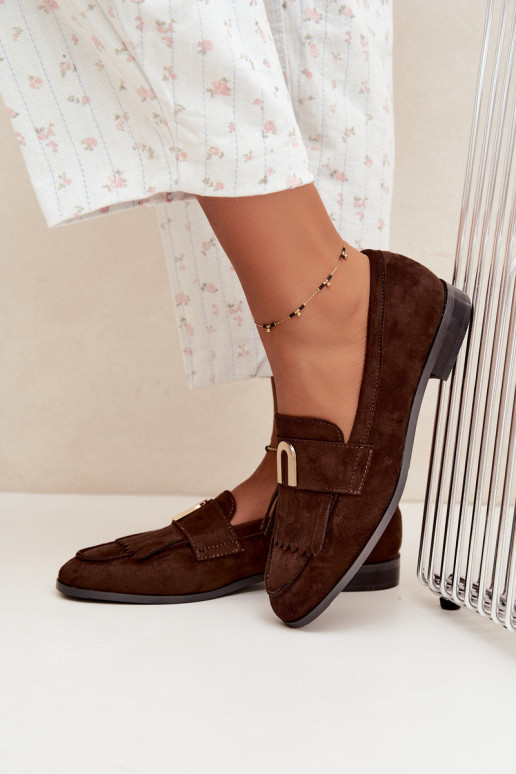 Mocasines de chocolate para mujer con flecos y detalles dorados Brenis