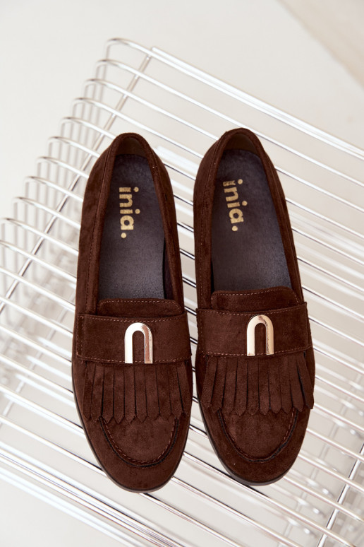 Mocasines de chocolate para mujer con flecos y detalles dorados Brenis