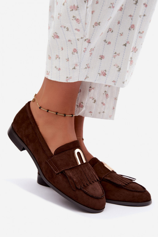Mocasines de chocolate para mujer con flecos y detalles dorados Brenis