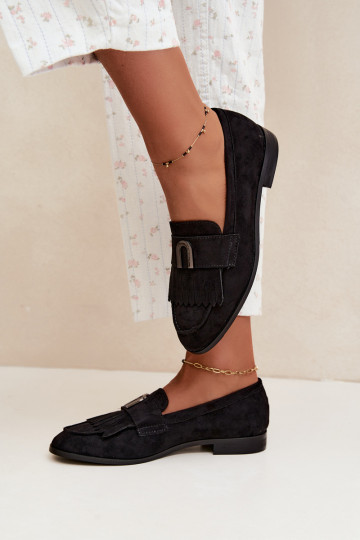 Mocasines negros para mujer con flecos y detalles dorados Brenis
