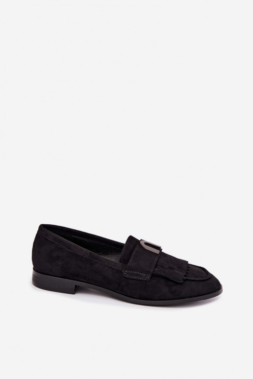 Mocasines negros para mujer con flecos y detalles dorados Brenis