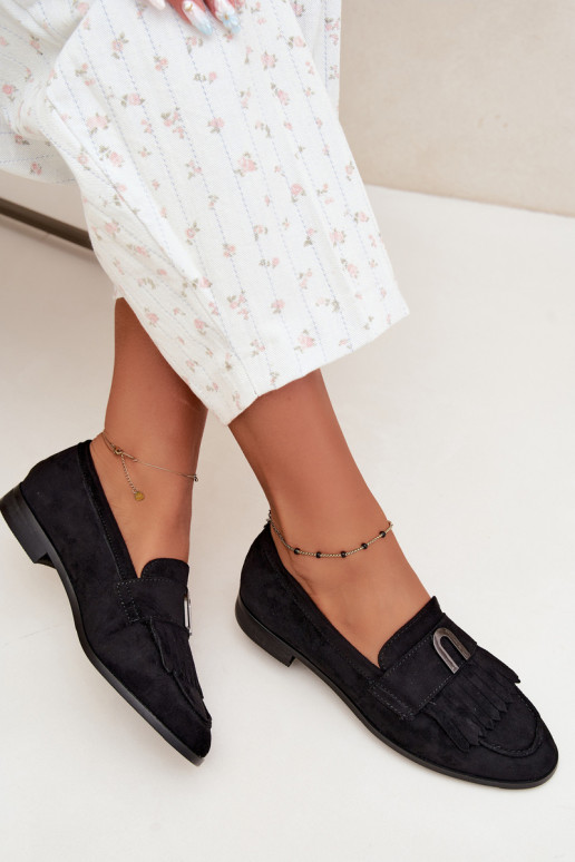 Mocasines negros para mujer con flecos y detalles dorados Brenis