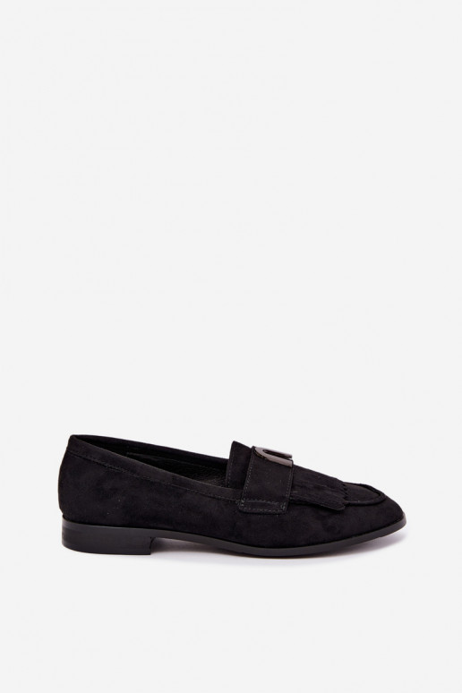 Mocasines negros para mujer con flecos y detalles dorados Brenis