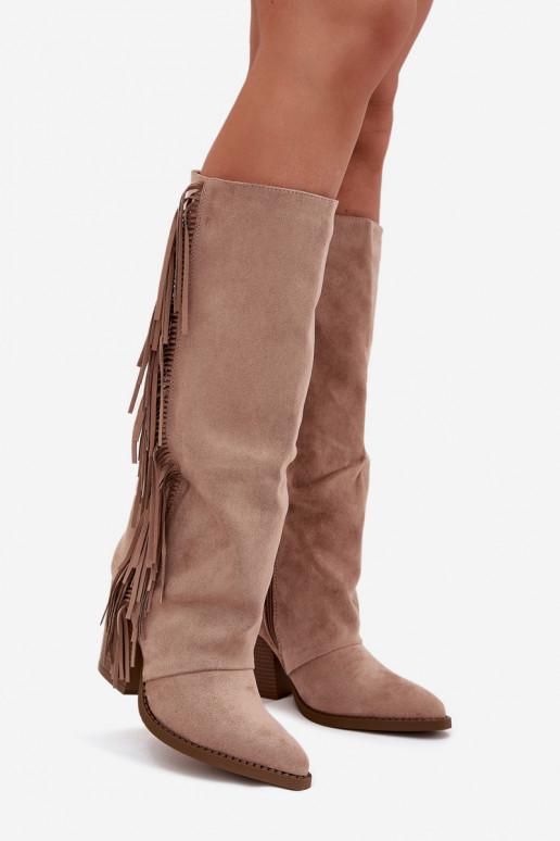 Botas altas color arena de estilo vaquero con tacones y flecos Tivara