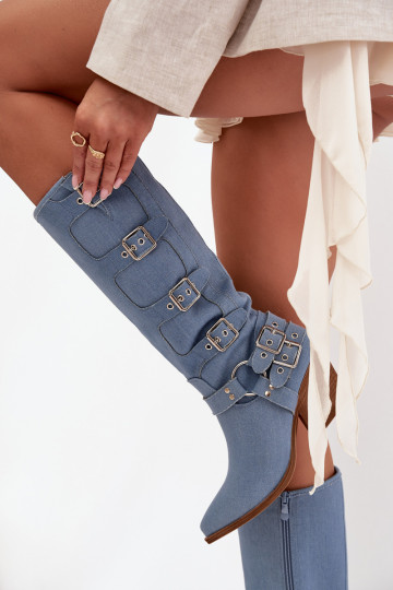 Botas altas de mezclilla de estilo vaquero con tacones y hebillas Fivelle