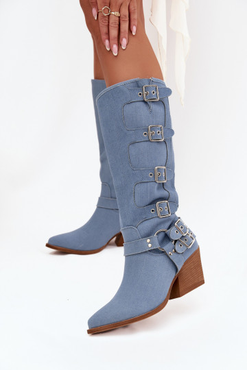 Botas altas de mezclilla de estilo vaquero con tacones y hebillas Fivelle 2