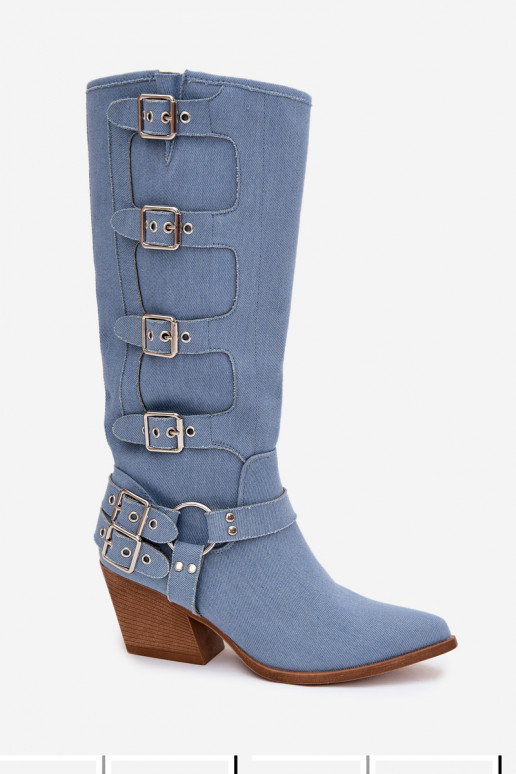 Botas altas de mezclilla de estilo vaquero con tacones y hebillas Fivelle