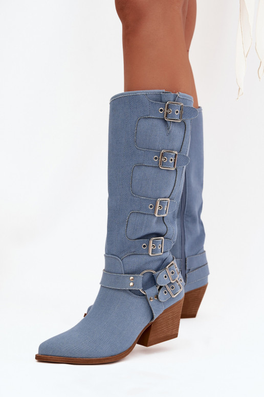 Botas altas de mezclilla de estilo vaquero con tacones y hebillas Fivelle