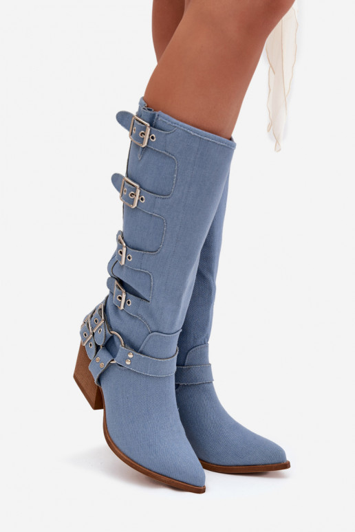 Botas altas de mezclilla de estilo vaquero con tacones y hebillas Fivelle