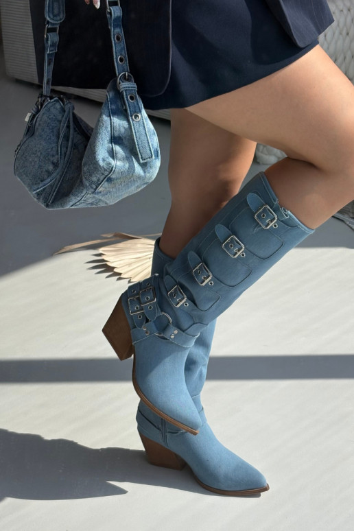 Botas altas de mezclilla de estilo vaquero con tacones y hebillas Fivelle