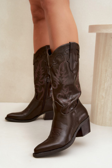 Botas altas de estilo cowboy con tacones en cuero sintético color chocolate Jarissa