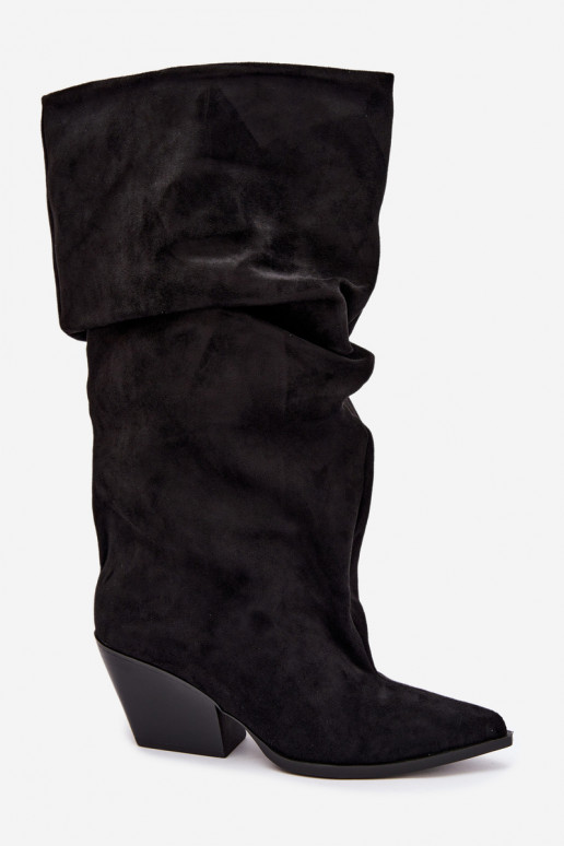 Botas por encima de la rodilla para mujer con parte superior curva y tacones de ante en color negro Durela