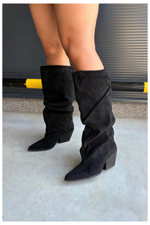 Botas por encima de la rodilla para mujer con parte superior curva y tacones de ante en color negro Durela