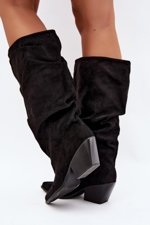 Botas por encima de la rodilla para mujer con parte superior curva y tacones de ante en color negro Durela