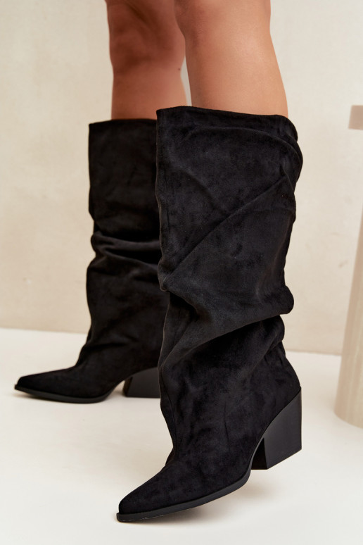 Botas por encima de la rodilla para mujer con parte superior curva y tacones de ante en color negro Durela