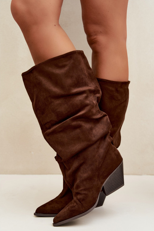 Botas altas para mujer con parte superior curva y tacones de ante, marrón Durela