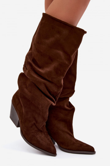 Botas altas para mujer con parte superior curva y tacones de ante, marrón Durela 2