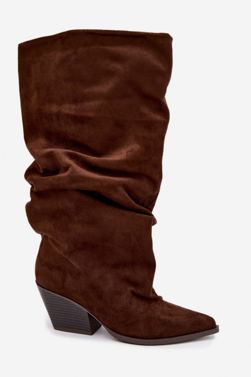 Botas altas para mujer con parte superior curva y tacones de ante, marrón Durela