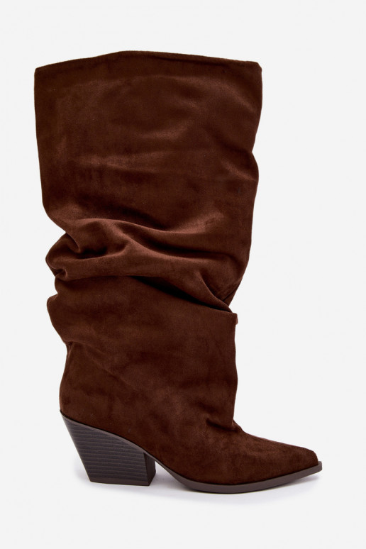 Botas altas para mujer con parte superior curva y tacones de ante, marrón Durela