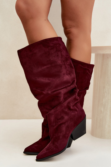 Botas por encima de la rodilla para mujer con parte superior curva y tacones de ante en color burdeos Durela