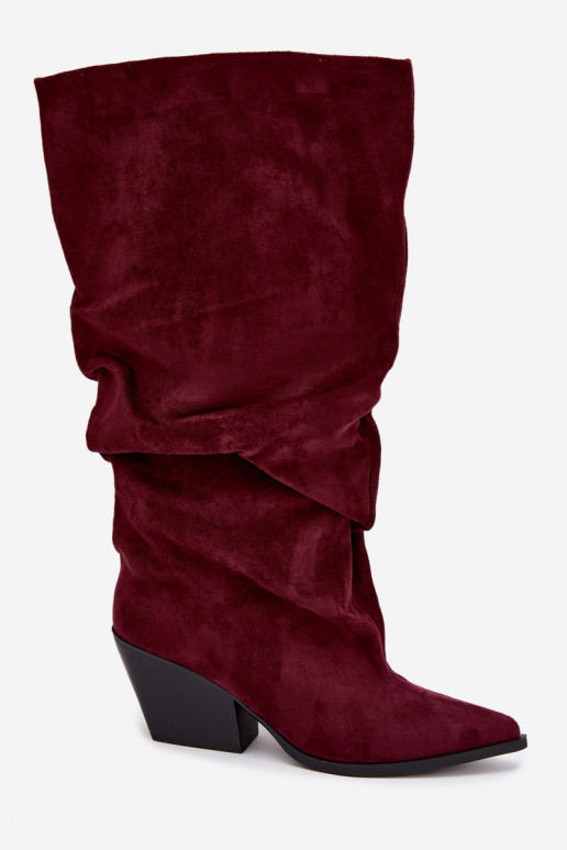 Botas por encima de la rodilla para mujer con parte superior curva y tacones de ante en color burdeos Durela