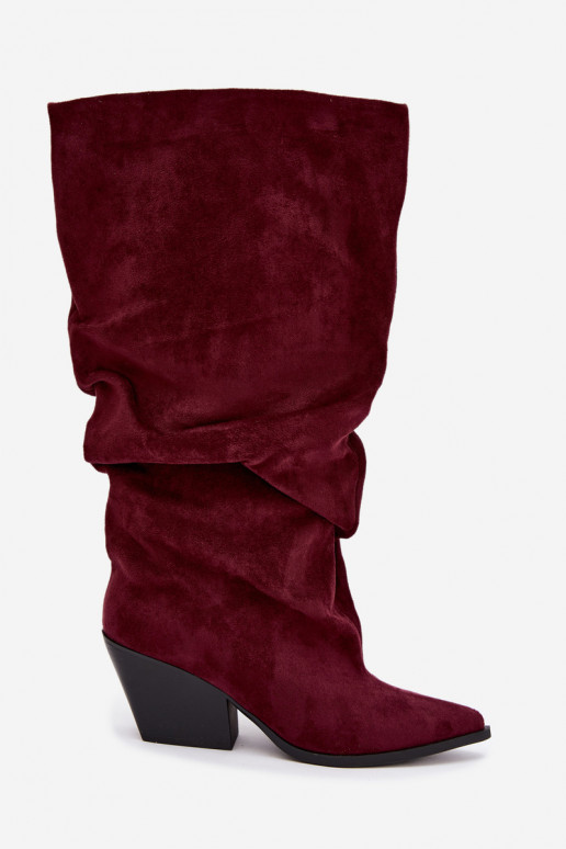 Botas por encima de la rodilla para mujer con parte superior curva y tacones de ante en color burdeos Durela