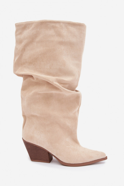 Botas por encima de la rodilla para mujer con parte superior curva y tacones de ante en color arena Durela
