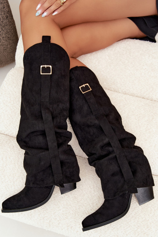 Botas negras de mujer hasta la rodilla con tacones y hebillas Caster