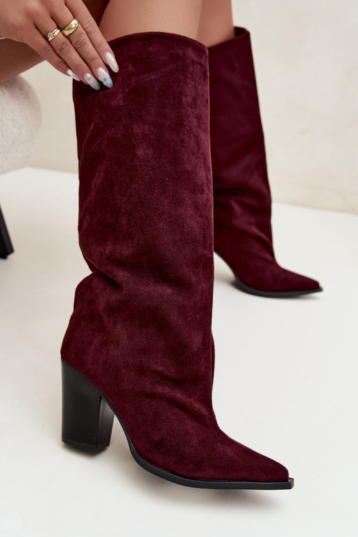 Botas altas de mujer sin cierre con tacón en ante sintético color burdeos Carmina