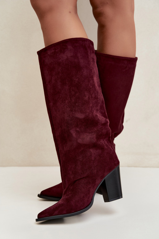 Botas altas de mujer sin cierre con tacón en ante sintético color burdeos Carmina