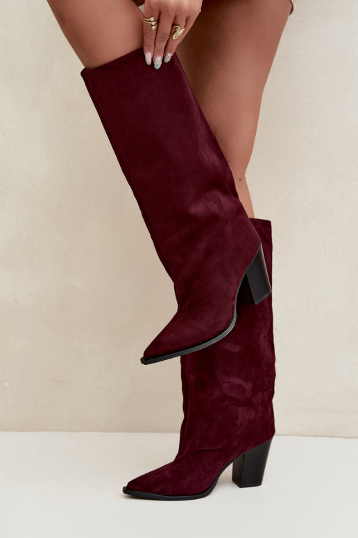Botas altas de mujer sin cierre con tacón en ante sintético color burdeos Carmina