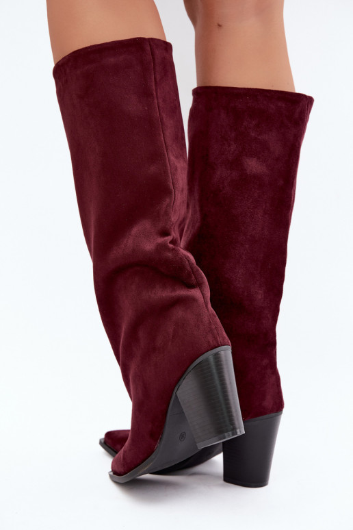 Botas altas de mujer sin cierre con tacón en ante sintético color burdeos Carmina