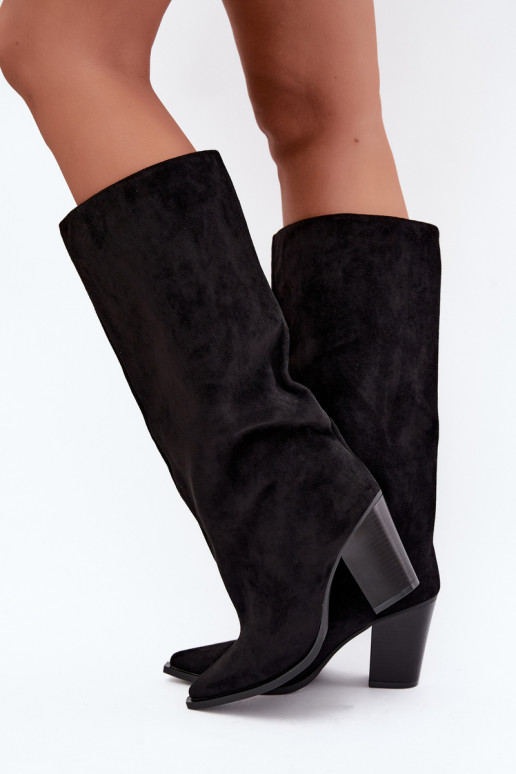 Botas altas de mujer sin cierre con tacón en ante sintético color negro Carmina