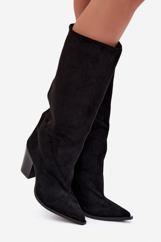 Botas altas de mujer sin cierre con tacón en ante sintético color negro Carmina