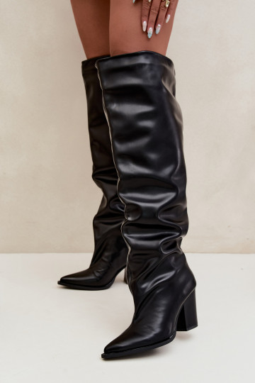 Botas largas de mujer con tacón en estilo slip-on de cuero sintético negro Anica 2