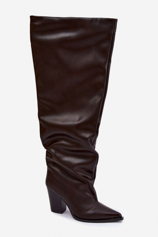 Botas largas de mujer con tacón en estilo slip-on de cuero sintético chocolate Anica