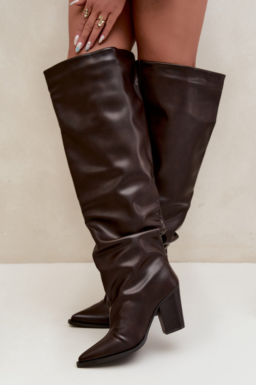 Botas largas de mujer con tacón en estilo slip-on de cuero sintético chocolate Anica