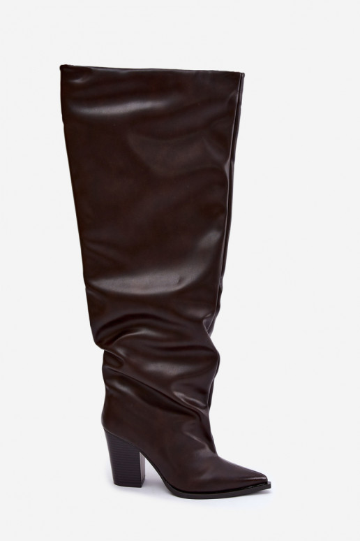 Botas largas de mujer con tacón en estilo slip-on de cuero sintético chocolate Anica