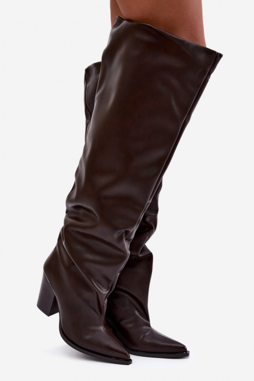 Botas largas de mujer con tacón en estilo slip-on de cuero sintético chocolate Anica