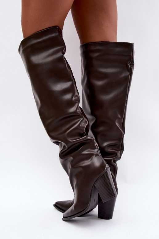 Botas largas de mujer con tacón en estilo slip-on de cuero sintético chocolate Anica