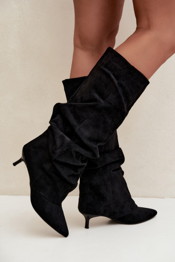 Botas arrugadas negras hasta la rodilla con tacón kitten de ante LoĮen 2