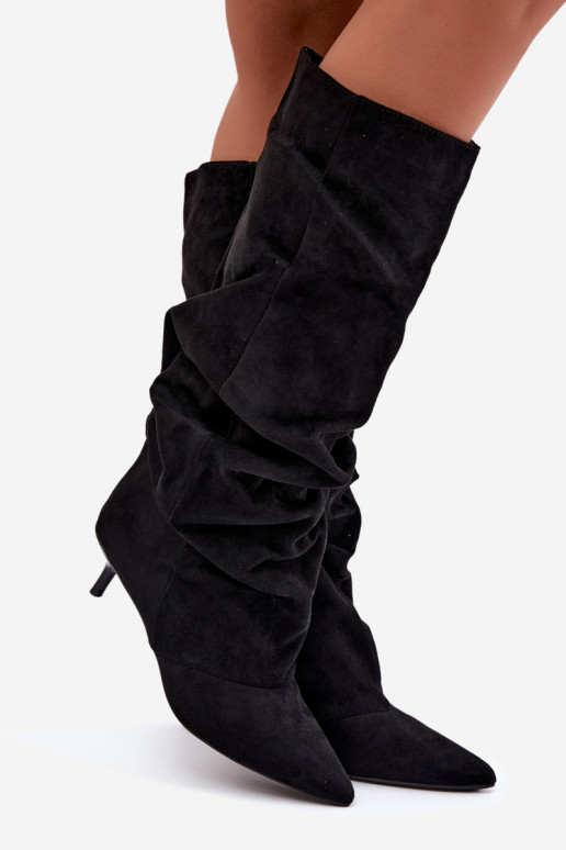 Botas arrugadas negras hasta la rodilla con tacón kitten de ante LoĮen