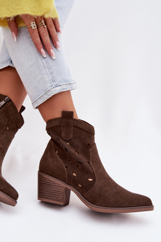botines de mujer estilo cowboy con detalles calados CzekoladoĮe Nolvina