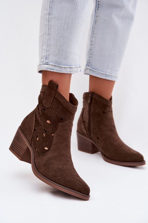 botines de mujer estilo cowboy con detalles calados CzekoladoĮe Nolvina
