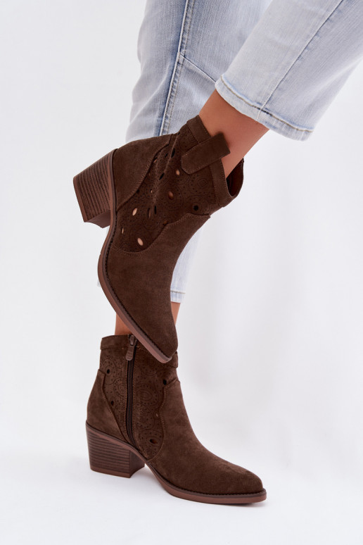 botines de mujer estilo cowboy con detalles calados CzekoladoĮe Nolvina