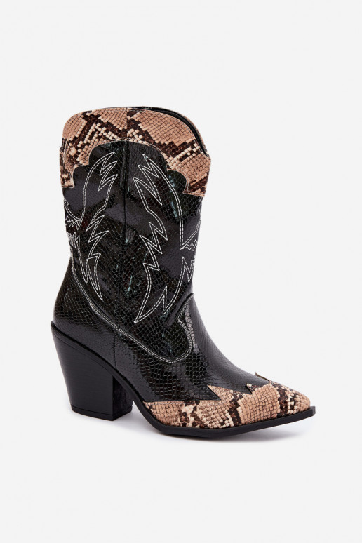 botines de estilo cowboy con forro de piel sintética y detalle en relieve en negro y marrón Ambery