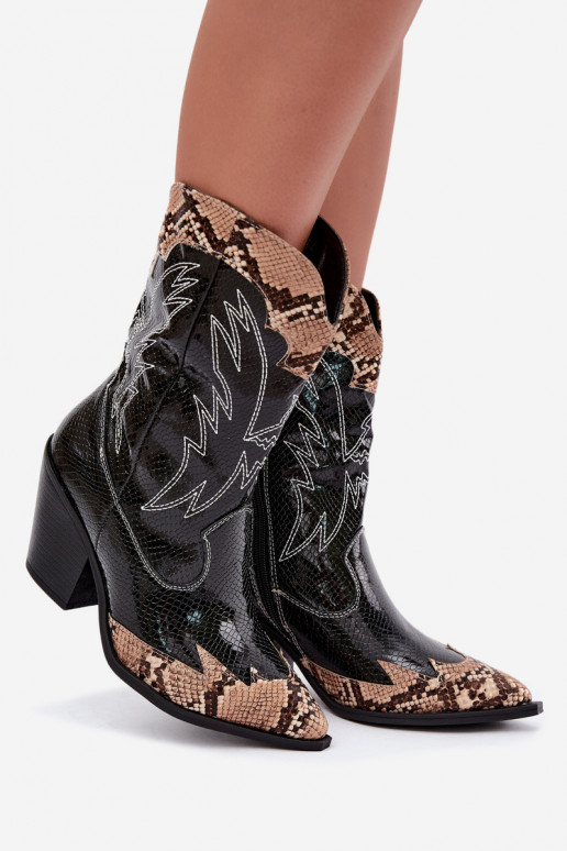 botines de estilo cowboy con forro de piel sintética y detalle en relieve en negro y marrón Ambery