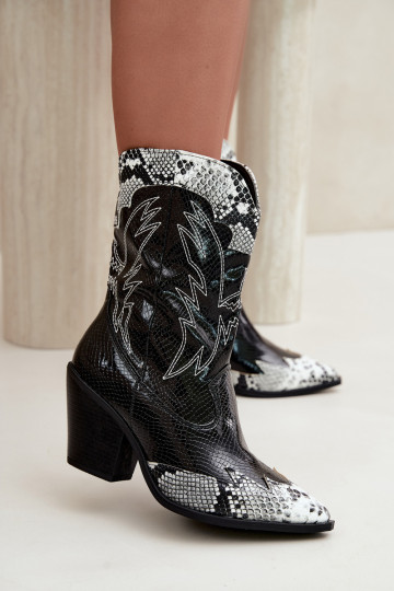 botines de estilo cowboy con forro de piel sintética y detalle en relieve en negro y blanco Ambery 2