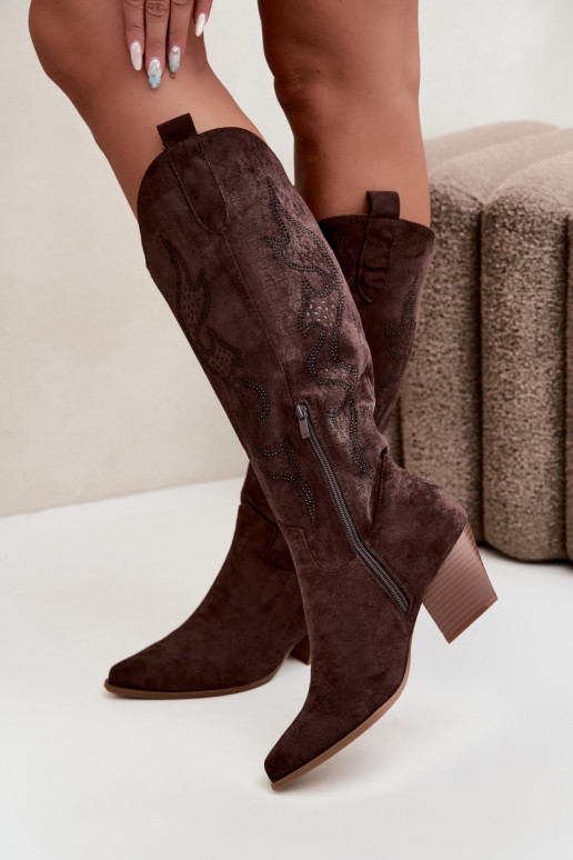 botas de estilo cowboy largas con decoración en el caño en color chocolate Greyla